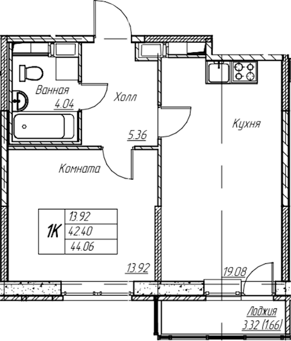 1-комнатная квартира 44.06 м², 19/22 эт., ЖК «Парк-квартал Юнтолово»